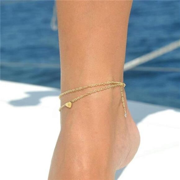 Heart Initial Ankle Bracelets for Women, 14K Gold Filled Handmade Dainty Layered - Picture 3 of 7